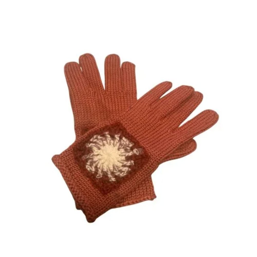 Maroon Knit Gloves with Floral Embroidered Wrist Detail